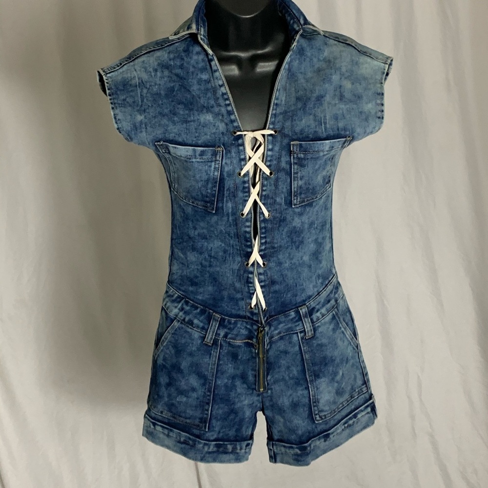 Denim Lace Up Sleeveless Romper Jumpsuit